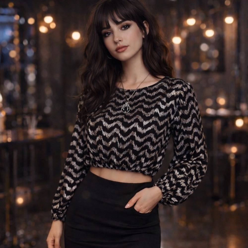 Zara Metallic Chevron Crop Top Women Small Black Silver Sparkle Party Whimsigoth